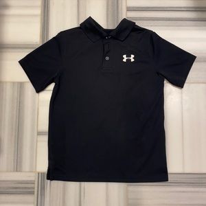 Black Under Armour polo; Under Armour logo; Kids medium; Athletic material